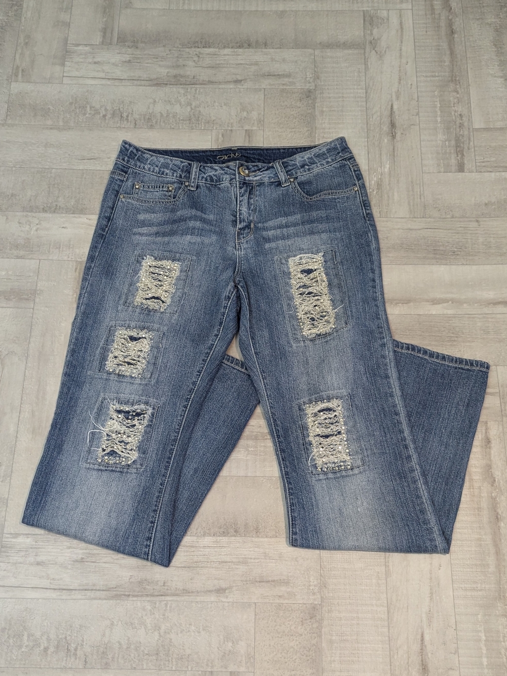 Vintage Y2K Cache Womens 10 Distressed Rhinestone Embellished Flare Jeans Bratz